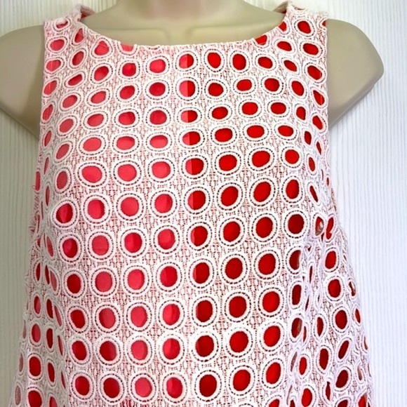 ModCloth - Fluent In Finesse Red & Pink White Eyelet Overlay Shift Dress Size XS - Picture 4 of 12